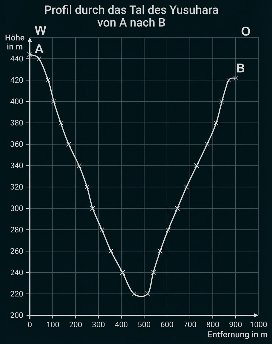 Höhenprofil eines V-förmigen Tals von Punkt A (links, ~440 m) bis B (rechts, ~420 m), Talgrund ~220 m, Entfernung in Metern.